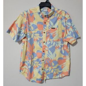 Columbia Tropical Button Down Shirt Mens M Yellow Blue Floral Hawaiian
